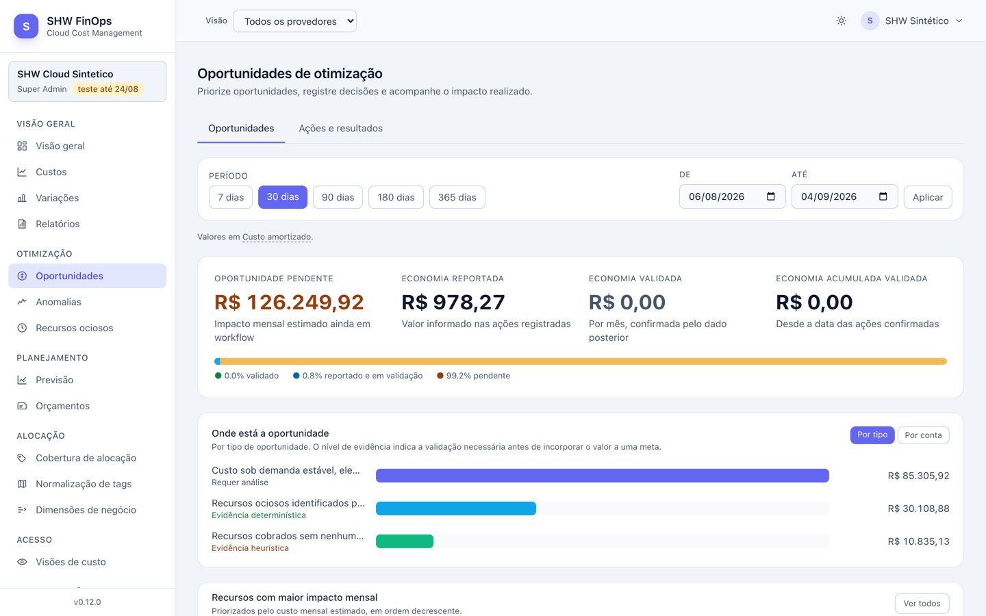Tela de oportunidades de otimização, com economia pendente, reportada e validada