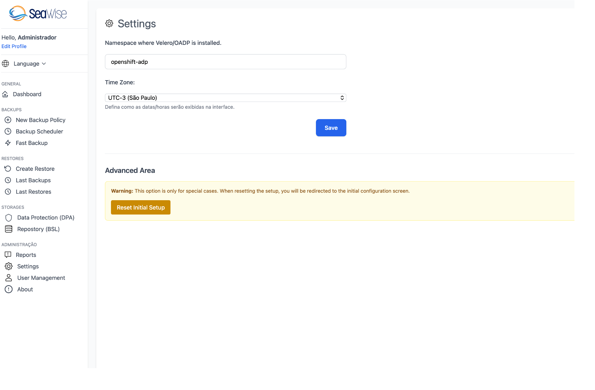 Configurações do Seawise