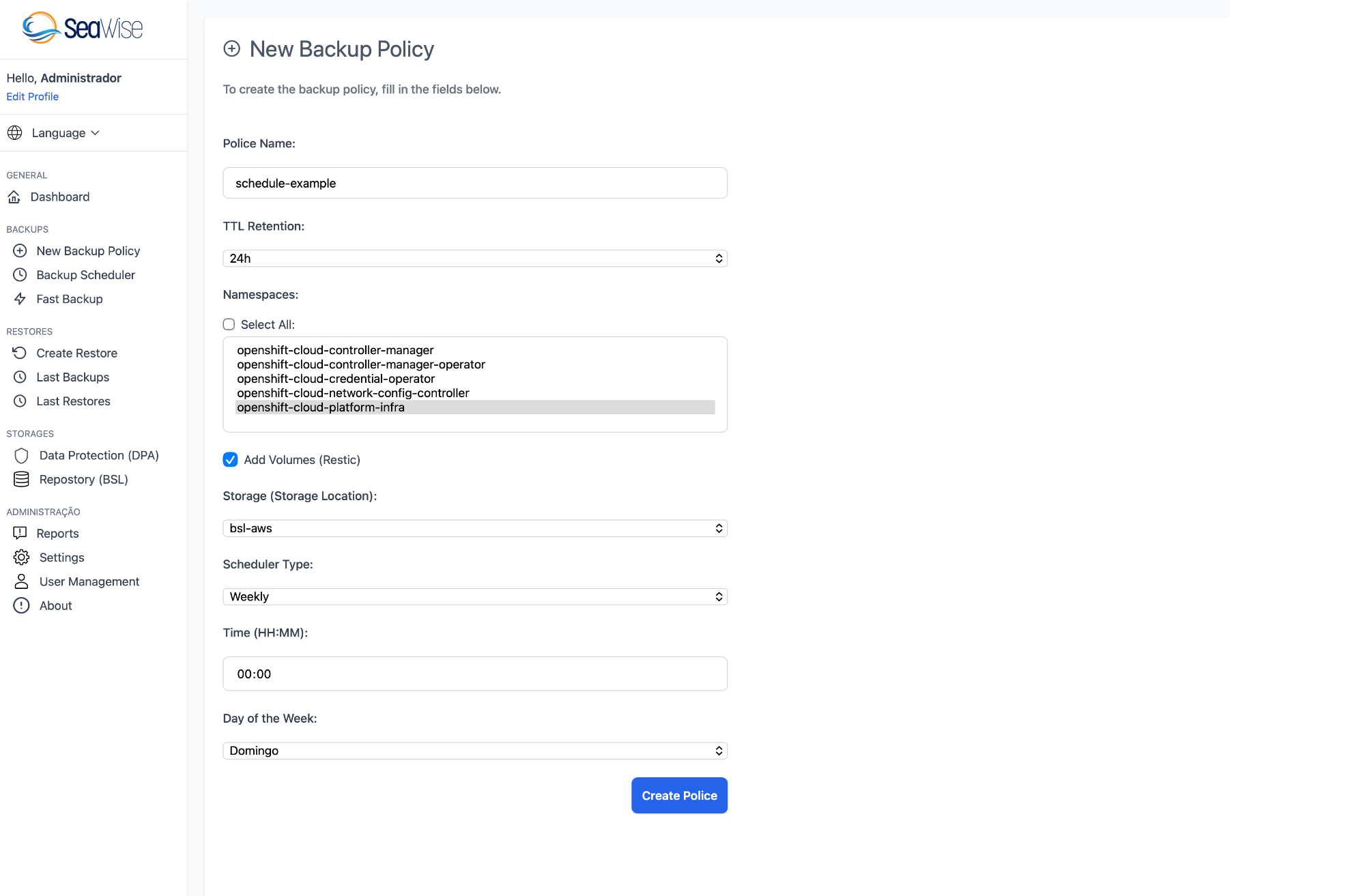 Exemplo de Backup Policy do Seawise